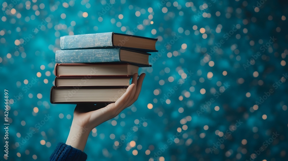 Poster hand lifting stack of books in futuristic abstract floating effect