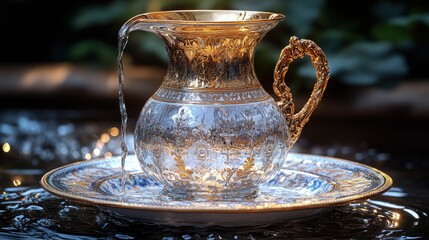 Ornate glass pitcher pouring water into a decorative plate, sitting in water.