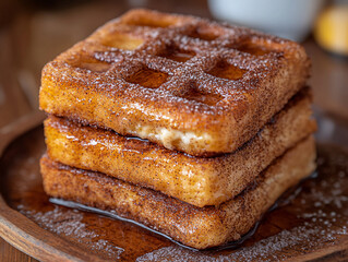 Fototapeta premium a stack of French toast sandwiches, filled with a creamy filling, dusted with powdered sugar, and drizzled with syrup on a wooden plate. The background features blurred pine cones