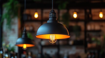 Illuminated vintage pendant lamp hanging above a bar.