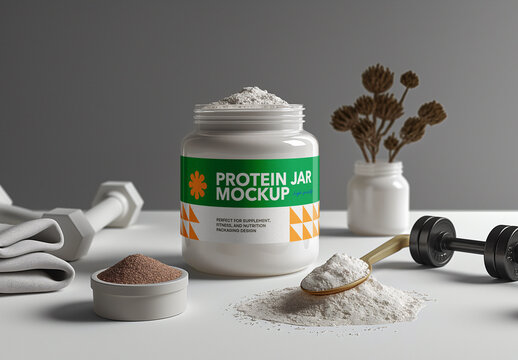 Realistic Protein Jar Mockup with Powder &ndash; Supplement Packaging Scene for Fitness and Nutrition Brands