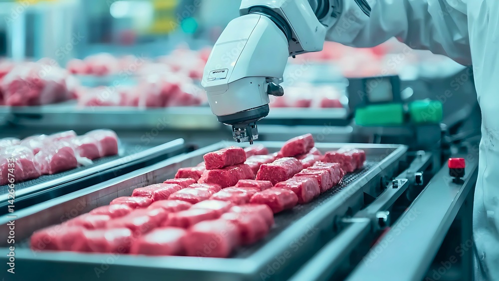Poster a robotic arm precisely handling cuts of raw meat on a production line, showcasing automation in the