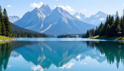 A crystal clear lake reflects the majestic mountain range in the background, creating a stunning and serene landscape that captivates the eye with its natural beauty.