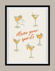 Sketch style la dolce vita illustration with an aesthetic quote in a poster frame. Cocktails doodles.