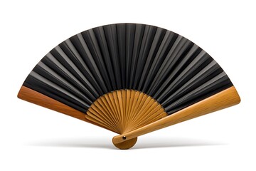 Elegant black folding fan with light brown wooden handle.