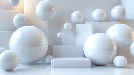Dynamic white sphere arrangement minimalist art space 3d render soft lighting abstract concept