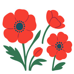 Poppy flowers set. Flat style flowers pattern. Vector poppy flower illustration isolated on white background. Poppies minimalistic ornament collection. Wildflower bud.