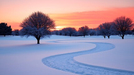 Obraz premium Winter Sunrise, Snow Path, Countryside