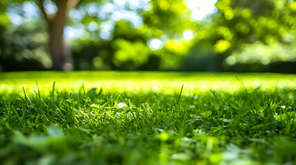 Naklejka premium Close Up View Of Lush Green Grass Field In Sunny Park