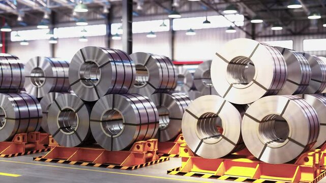 Rolled steel, metal rolls, Steel sheets rolled up into rolls stacked in warehouse. 3d