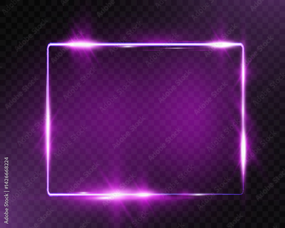 Poster purple neon glowing rectangular frame with rounded corners, sparkles, and lens flares, placed on a t
