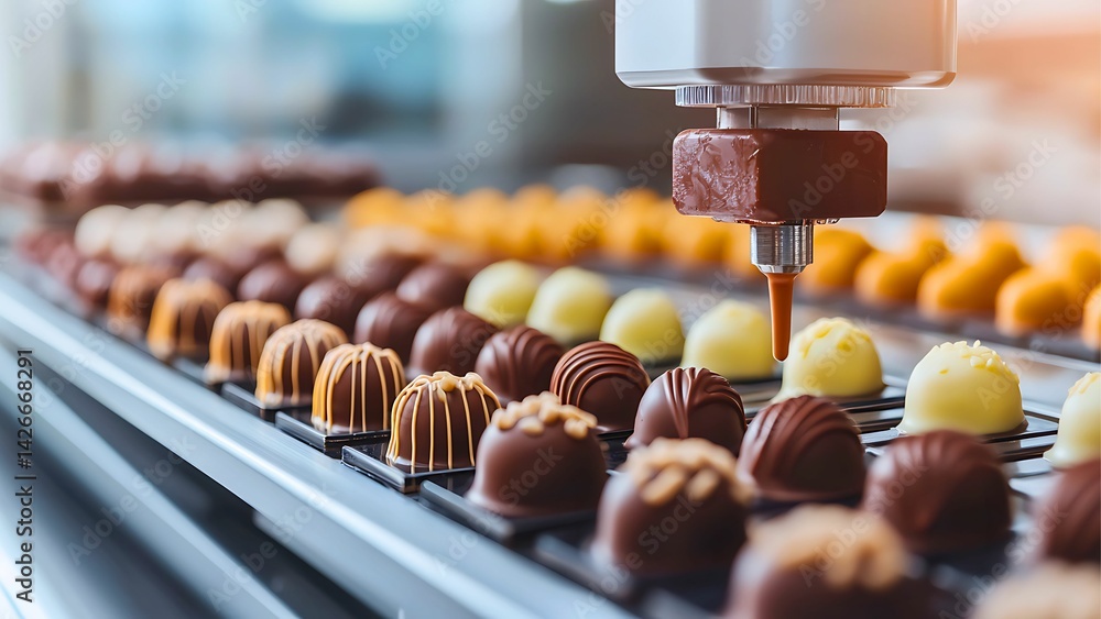Aufkleber a close-up shot of an automated machine working on a chocolate production line, showcasing the preci