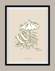 La Dolce Vita illustrations with an aesthetic quote in a poster frame. Ocean and beach sketch style doodles.