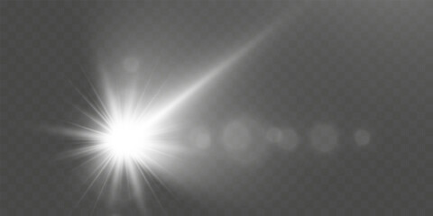 Glowing light effects with transparency, lens flare, radiant beams, starbursts, and luminous sparkles for overlays and design.
