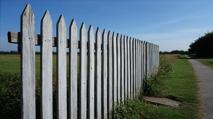 Fototapeta premium Light Gray Wooden Fence White Picket Pointed Planks Garden Boundary Home Exterior Property Enclosure Backyard Border Decorative Woodwork Protective Structure Outdoor Feature lowercase 