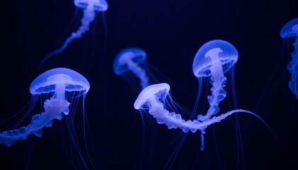 An ethereal image depicting luminous sea jellyfishes floating gracefully against a pitch black background