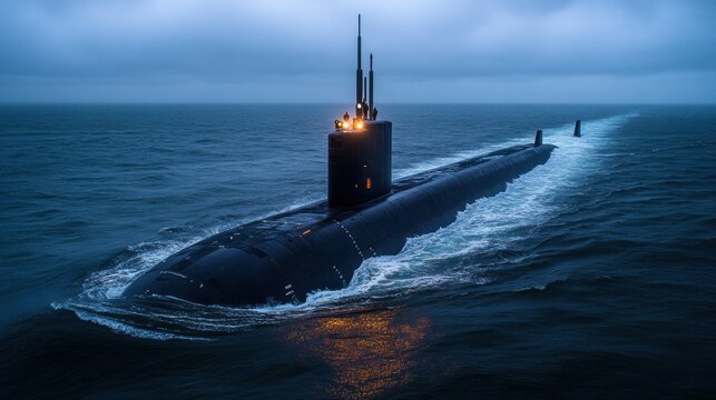 Submarine in the ocean at twilight