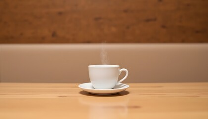 The coffee cup sits elegantly on a smooth wooden table, the warm tones of the wood accentuating the simple design of the cup