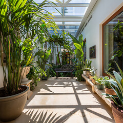 Fototapeta premium Soft Light and Gentle Shadows Illuminate a Peaceful Indoor Garden with Lush Tropical Plants, Creating a Tranquil Escape in a Cozy Space