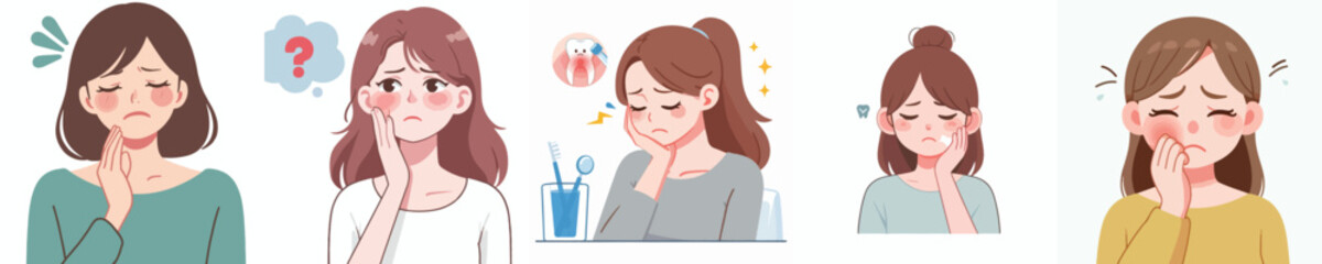 
flat design vector collection of a young woman with toothache