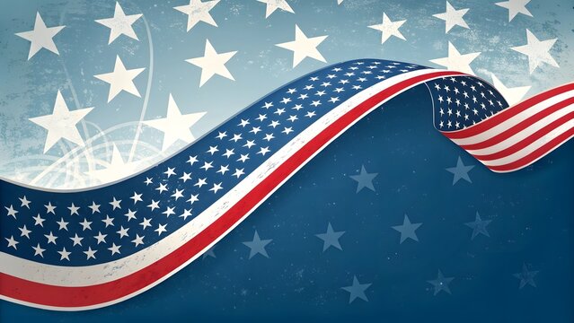 A flowing American flag ribbon celebrating patriotic pride and national unity against a backdrop of stars and a textured, vintage design.