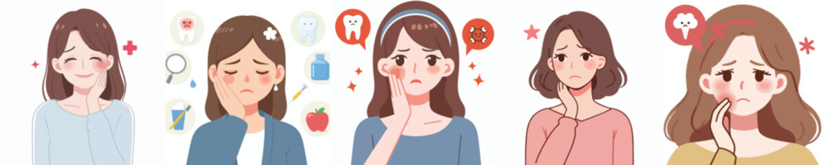 
flat design vector collection of a young woman with toothache