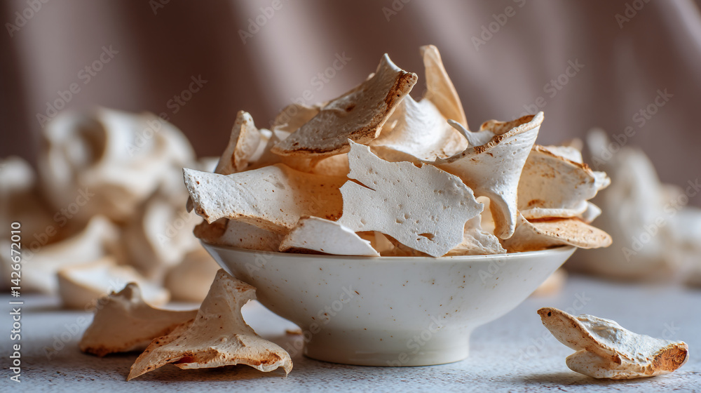 Poster a bowl filled with meringue shards on a table with a soft focus background in a studio shot