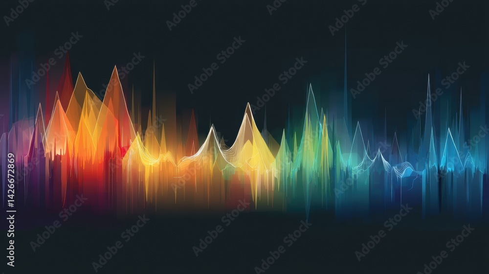 Aufkleber Vibrant Rainbow Pulse Waveform Flowing Through Peaks Symbolizing Vitality and Energy in a Serene Landscape