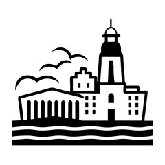 Obraz premium Cityscape icon with lighthouse and buildings on a white background, symbol of architecture and landmarks
