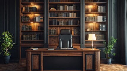 Elegant Wooden Study Room with Bookshelves