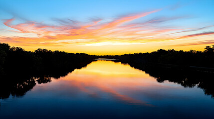 Obraz premium Reflective River Sunset With Silhouetted Trees