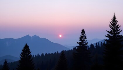 In the tranquil early morning light, a majestic sun climbs above the towering peaks of a distant mountain range