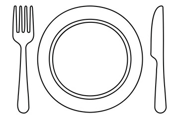 Continuous one line drawing of knife, plate, spoon and fork outline Vector Illustration