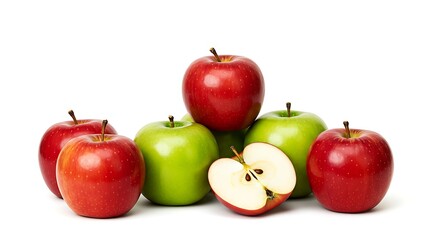 A group of fresh red and green apples displayed against a clean, white backdrop for healthy eating.