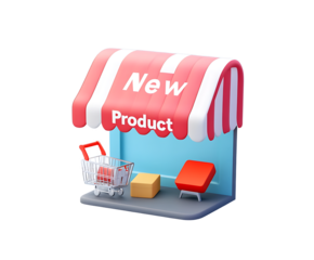 Cartoon Storefront Design Featuring New Product Sign, Shopping Cart, and Box for Online Sales Promotion