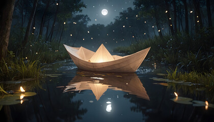 Naklejka premium Serene Night Setting with Paper Boat and Illuminated Moonlit Stream