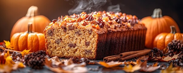Freshly baked pumpkin bread surrounded by autumnal decor