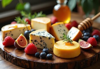 artisanal cheese selection fresh fruit pairing platter gourmet delights culinary experience textures colors, board, tasting, brie, cheddar, blue, goat, soft