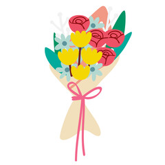 Hand Drawn Flower Bouquet with Blue Green and Yellow Flowers, Pink Ribbon and Cream Paper Wrap