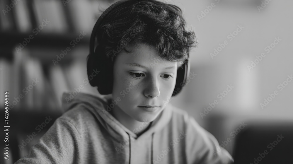 Poster young student in home study setup blurred background for depth providing ample copy space for text p