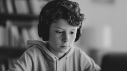 young student in home study setup blurred background for depth providing ample copy space for text placement surrounded