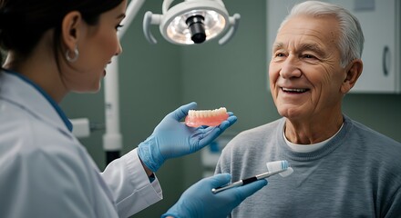 A friendly dentist explains denture care to a smiling senior male patient in the office.