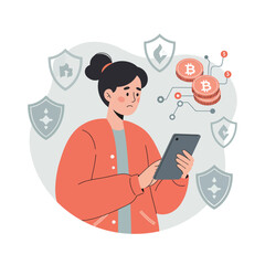 Young woman using tablet with bitcoin and digital security icons technology concept vector illustration 