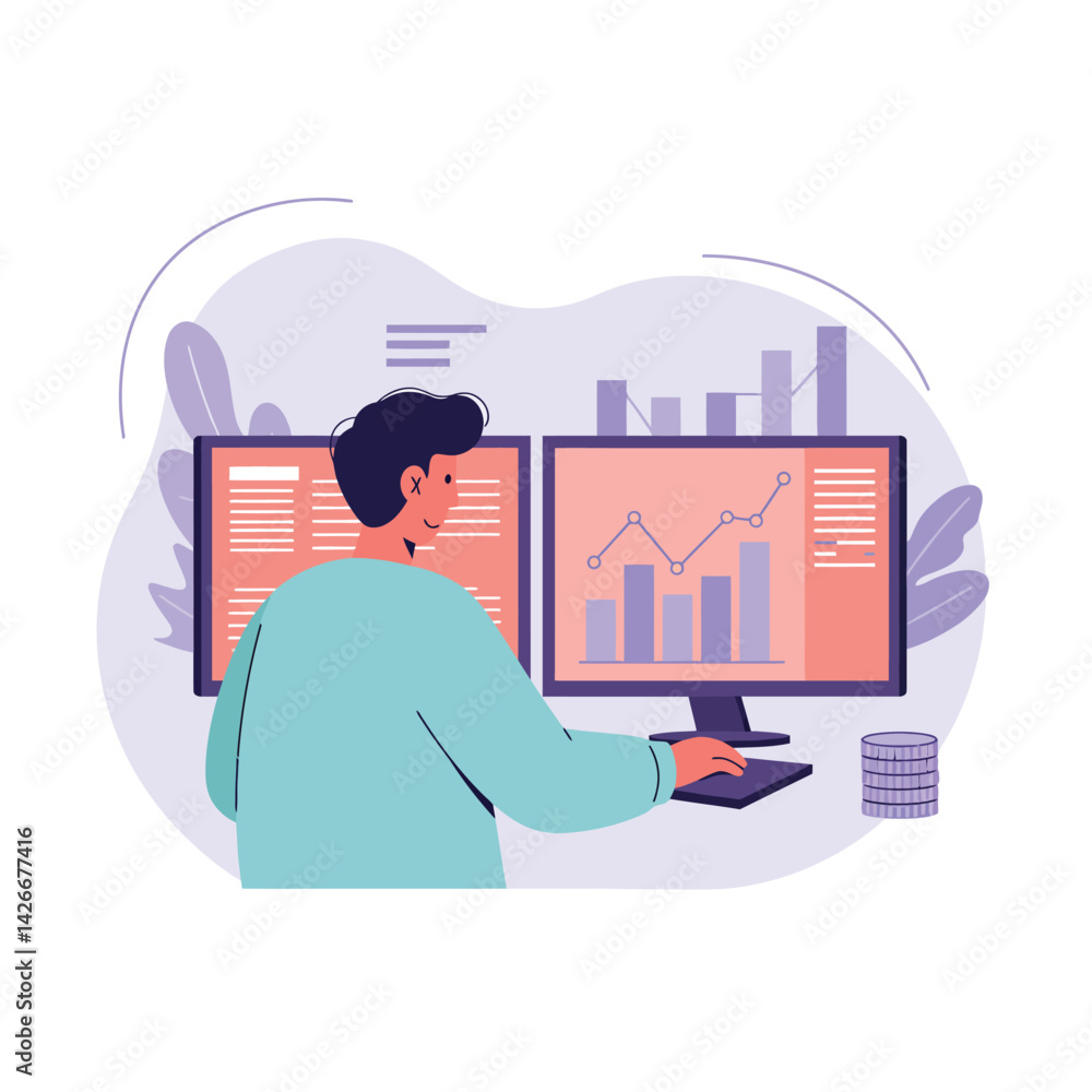 Poster data analyst monitoring business charts and graphs on dual computer screens with teal and purple ton