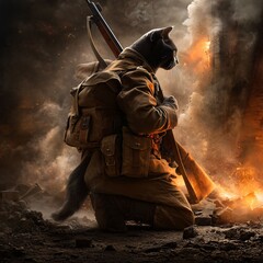Naklejka premium Fierce Feline Warrior in Tactical Gear Surrounded by Explosions and Smoke on Dramatic Battlefield