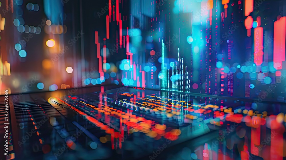 Aufkleber brightly colored vertical lines and dots represent fluctuating data trends against a dark background