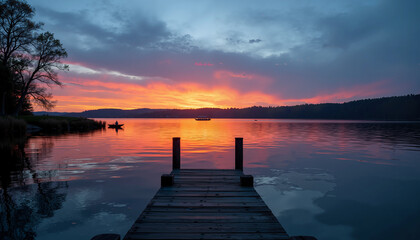 Obraz premium Tranquil lake sunset landscape at a wooden dock 