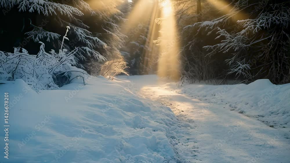 Poster sunbeams through a snowy forest path