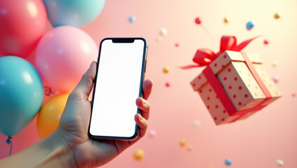 close-up of the phone in his hand with a white blank screen on the background of a gift box, a bouquet of flowers and festive balloons