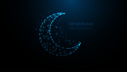 Digital Low Poly Eid Mubarak Moon in Night Sky with Glowing Blue light background design.